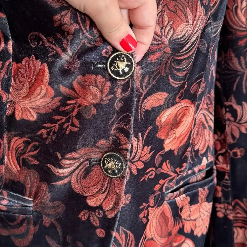 FuTario (M) Velvet Jacquard Floral Blazer Gathered Shoulders Black/Gold Buttons